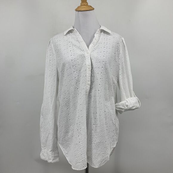 NYDJ Blouse Womens S Small White Fit Is Everything Eyelet Tab Sleeve Shirttail - Picture 2 of 13